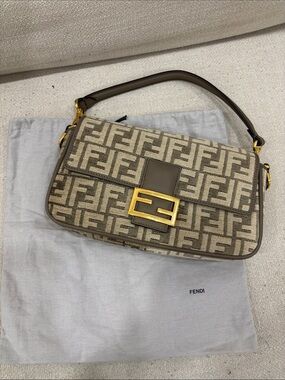 Fendi Beige and Brown FF Canvas Shoulder Bag with Gold-Tone Buckle